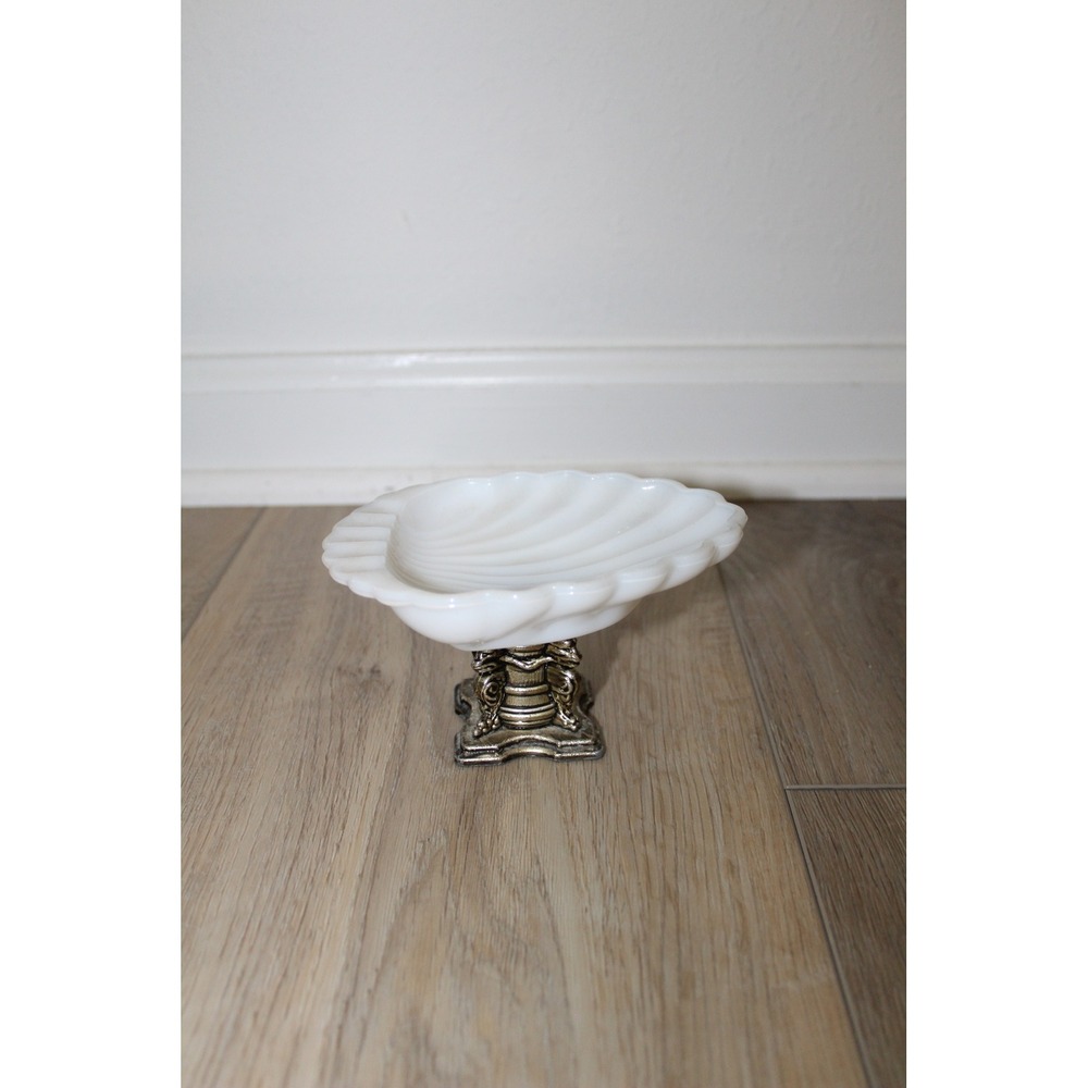 VTG Milk Glass Shell Soap Dish Ornate Silver Pedestal Base Trinket Bowl